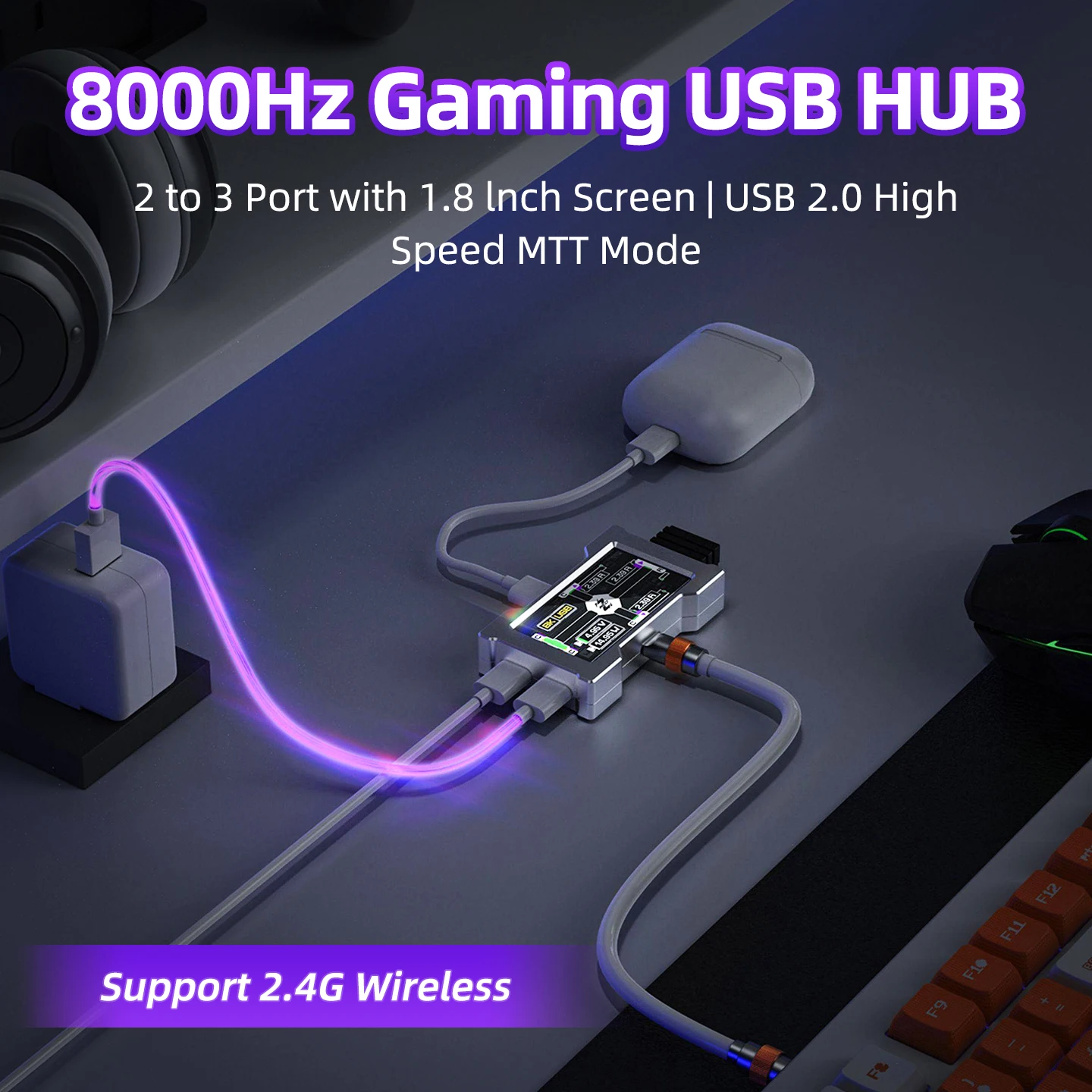 Gaming USB HUB 2 to 3 Port Real 8000Hz Independent Power 1.8 Inch Screen Metal Shell Support MTT for IOS/Windows PC