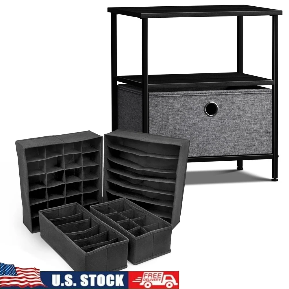

1-Drawer 2-Shelf Nightstand with Foldable Fabric Drawer Dividers Sturdy Lightweight Easy Assembly Multi-Functional Storage