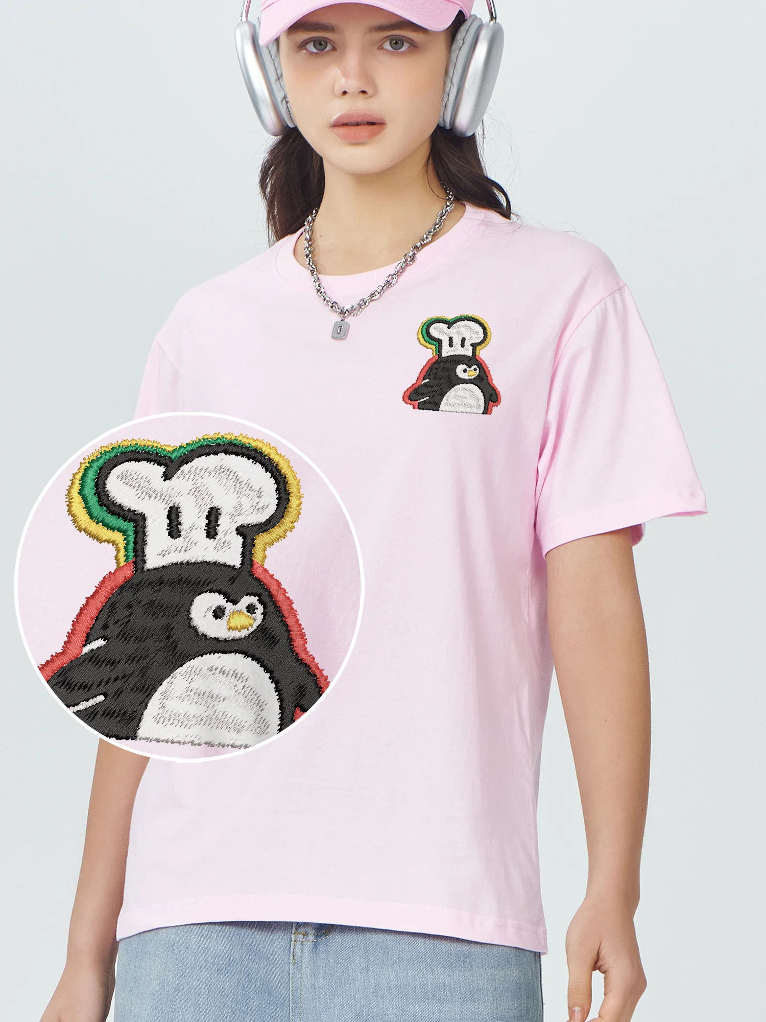 Penguin Chef Embroidered T-Shirt Luxury Designer Soft Cotton Fashion Unisex Crew Neck Breathable Embroidery Tees
