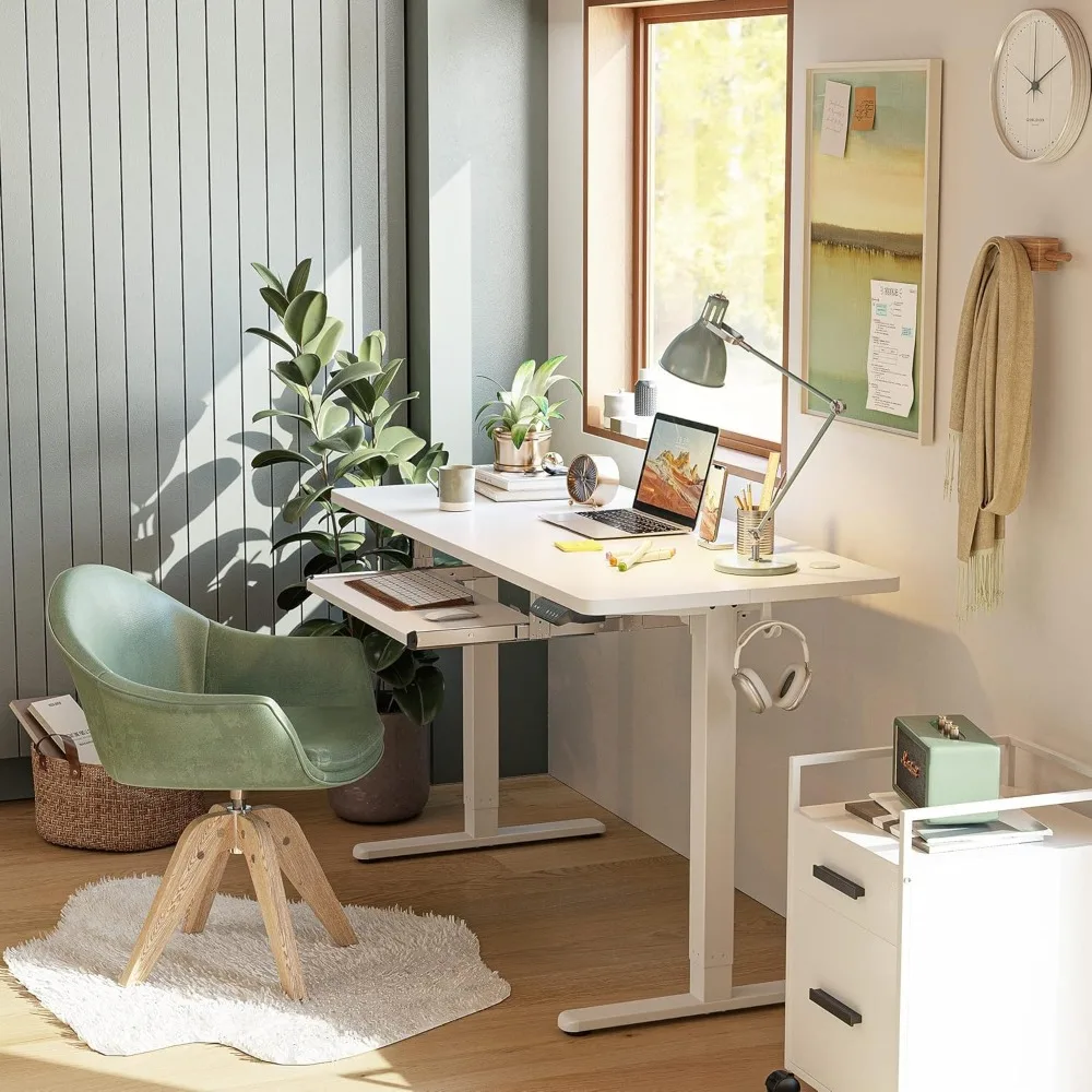 Standing Desk with Keyboard Tray, 63 × 24 Inches Electric Height Adjustable Desk, Sit Stand Up Desk, Computer Office Desk, White