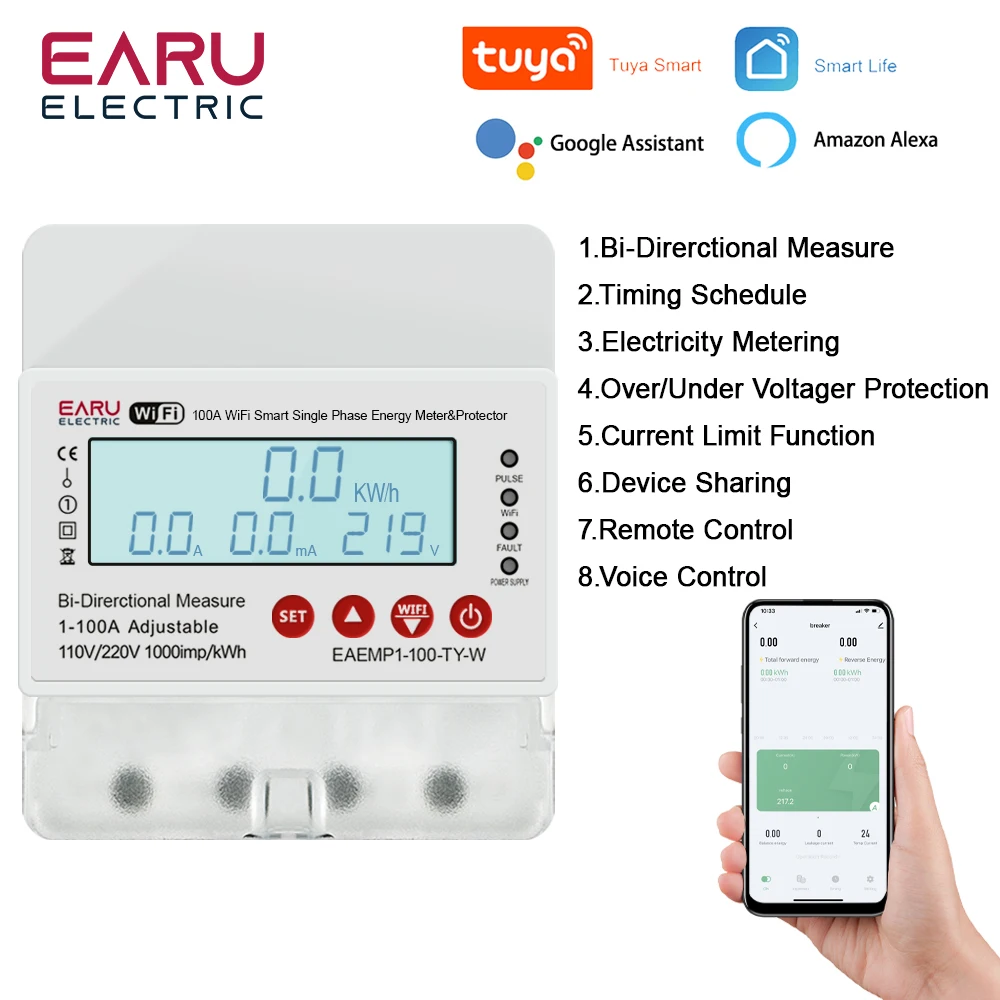 

100A Tuya WiFi Smart Single Phase Energy Meter Over Under Voltage Protector Relay Switch Bi-Directional Measure kWh Power Meter