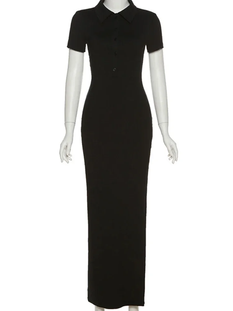 Elegant Office Lady Long Dresses Women Solid Fashion Lapel Short Sleeve Button Side Slit T-shirt Dress Body-Shaping Street Robe