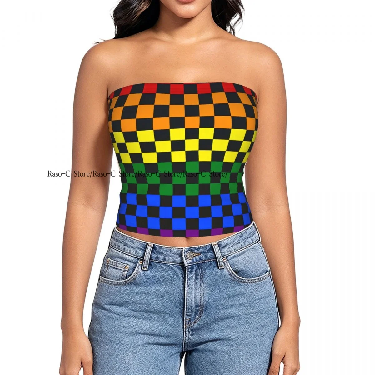 Women's strapless halter top Checked Board Rainbow Chessboard summer sexy short-sleeved top