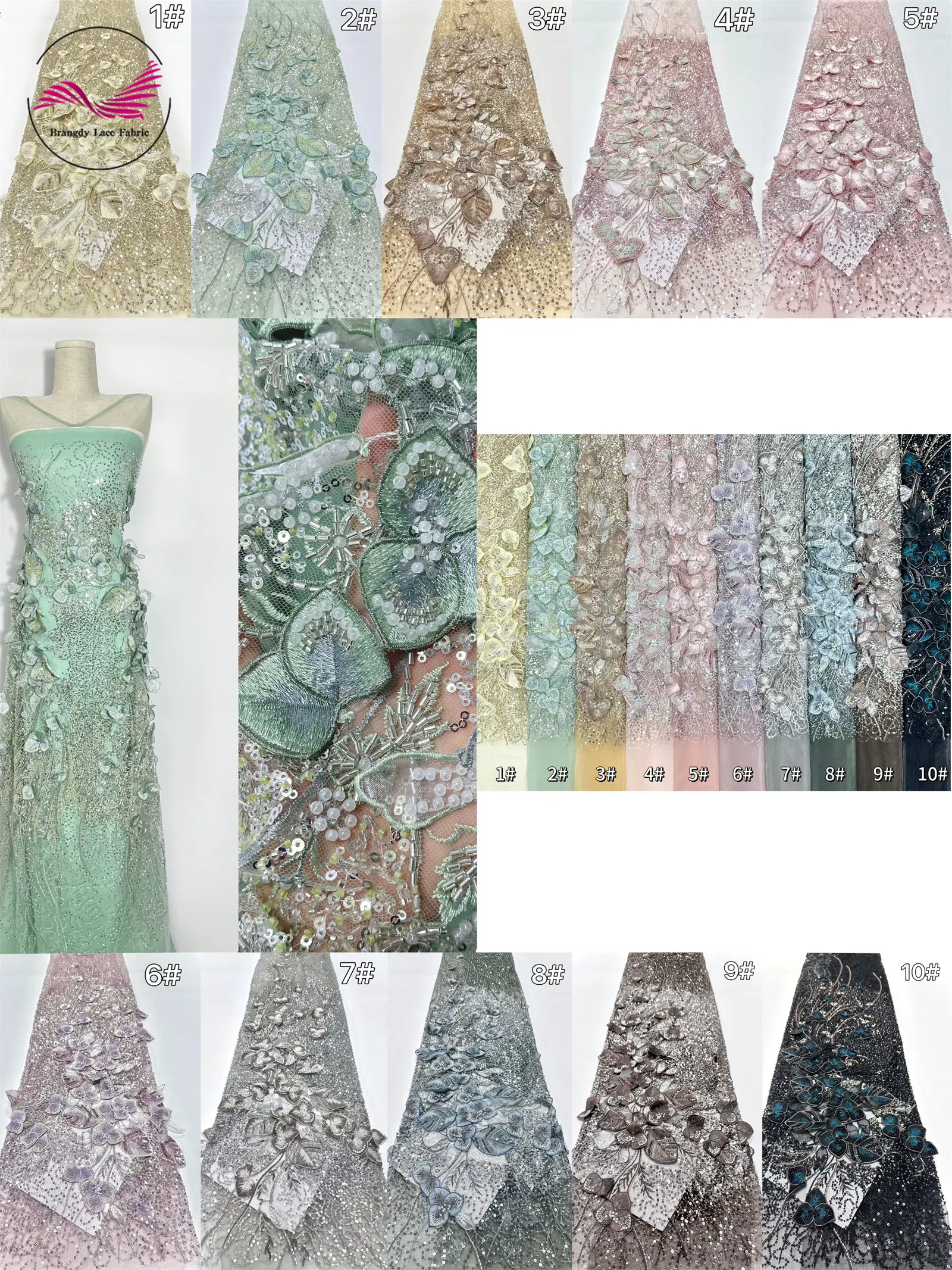 France Luxury Handmade 3D Flower Embroidery Lace Fabric African Beaded Sequin Lace Fabric for Women Party Evening Gowns