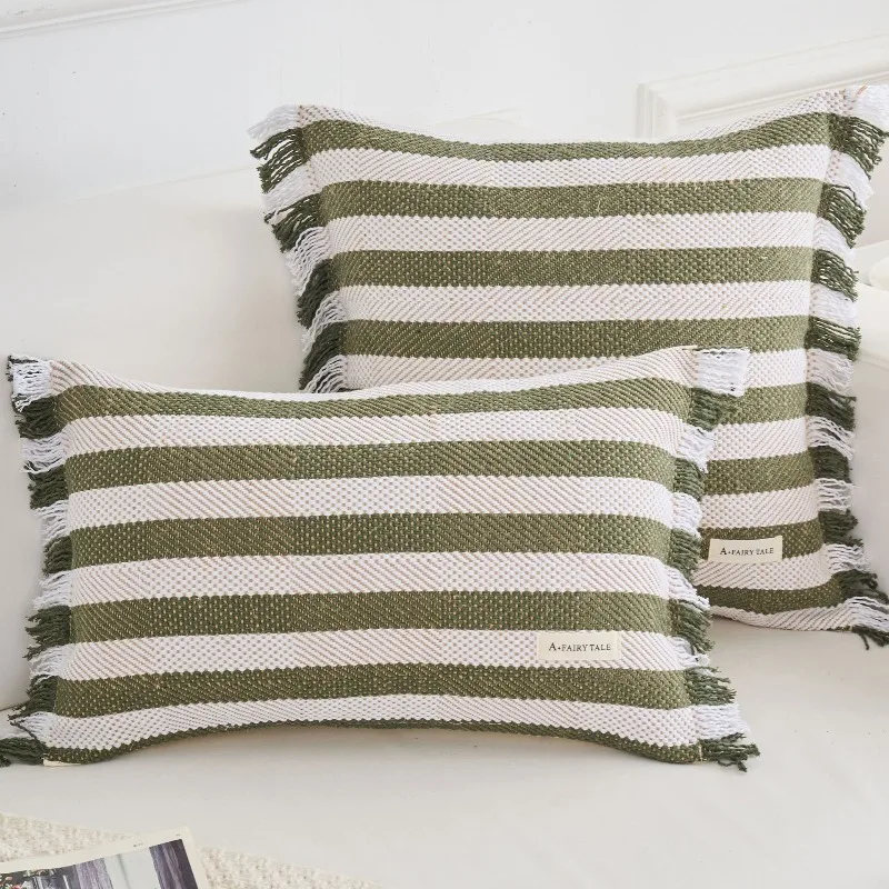 Boho Fringe Woven Cushion Cover Cotton Linen Textured Striped Throw Pillow Case Neutral Home Decor for Sofa Couch Bedroom