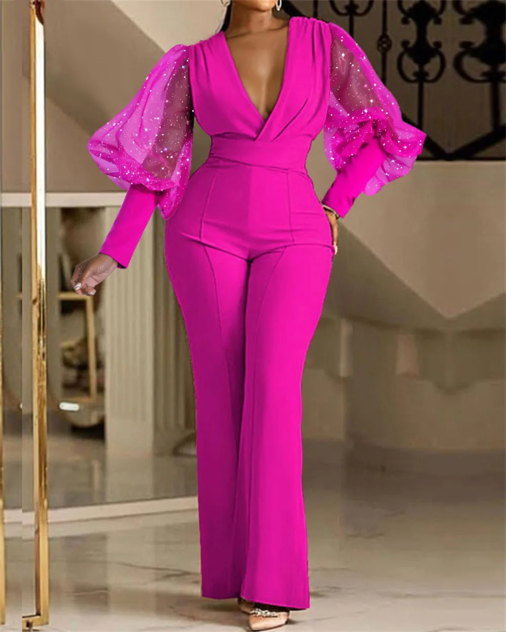 

Casual Wide Leg Pants Jumpsuit Women Solid Mesh Lantern Sleeve Patchwork V Neck High Waist Party Club Evening Jumpsuit