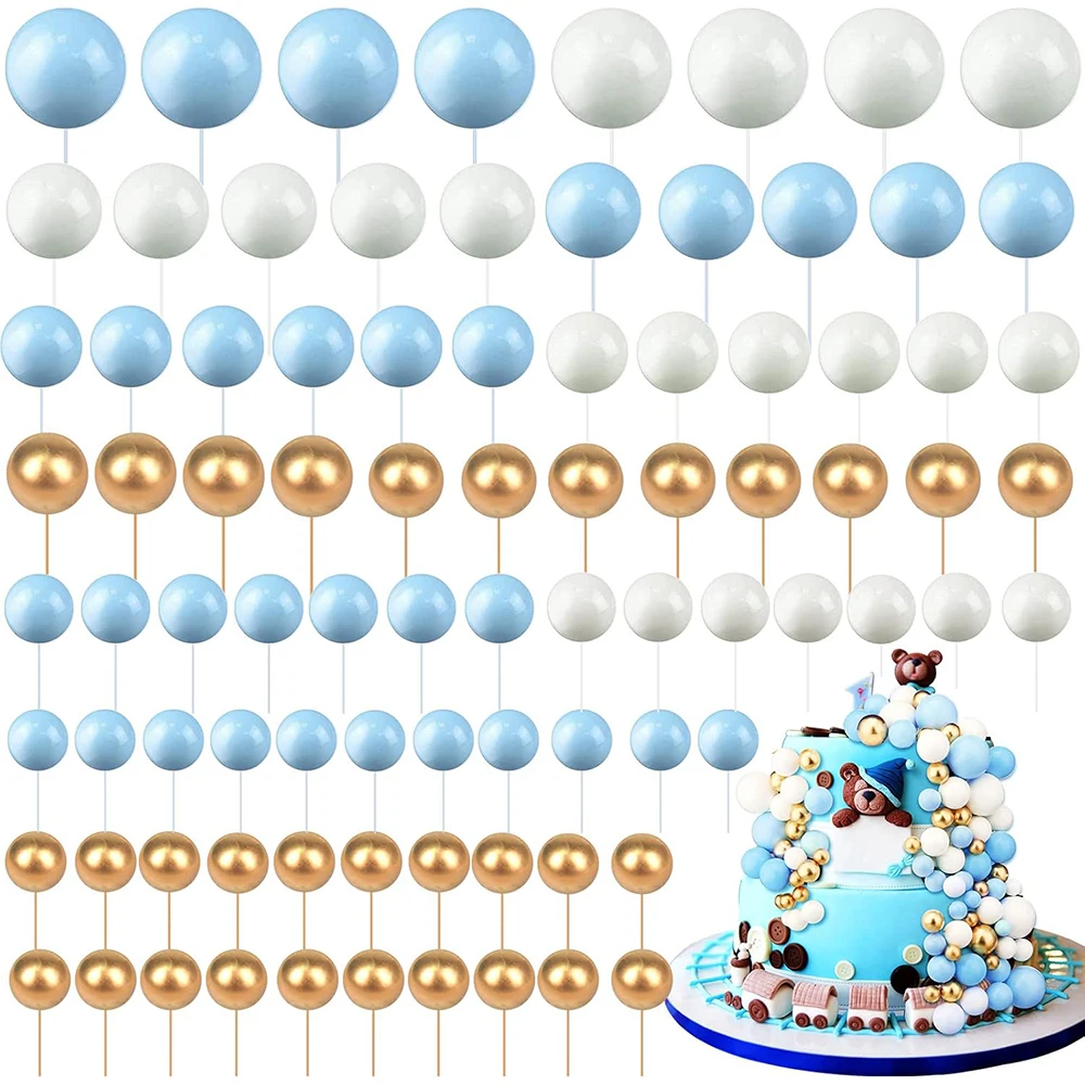 Blue Cake Topper Balls Cupcake Topper Baking Decorations White Gold DIY Cake Insert Toppers Baby Shower Boy Birthday Party Decor