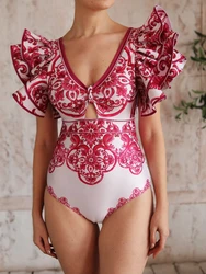 2025 Women Swimwear Flaxmaker Summer Classic Majolica Series Pattern Vintage Print One Piece Swimsuit and Skirt or Shorts