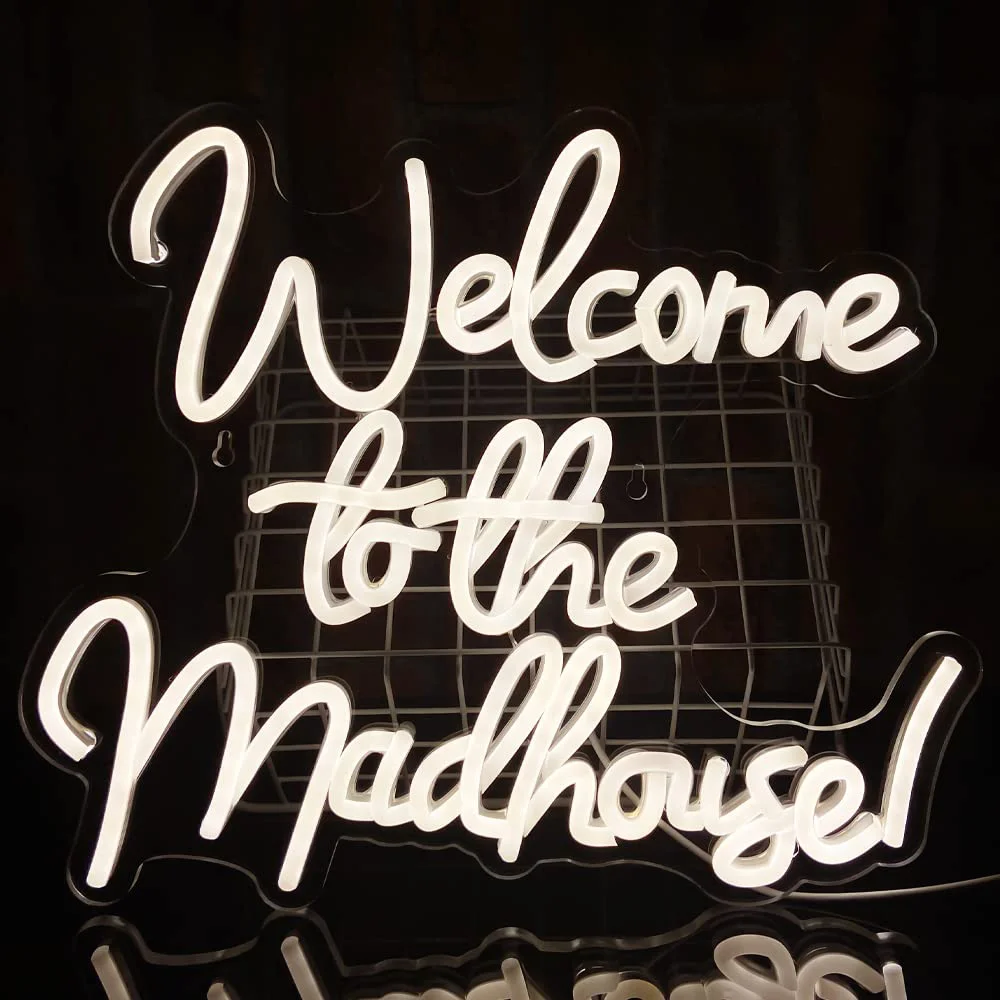 Welcome to The Madhouse Neon Sign Warm White Neon Lights for Room Decor Folk Hotel Decor LED Letters Welcome Neon Wall Light