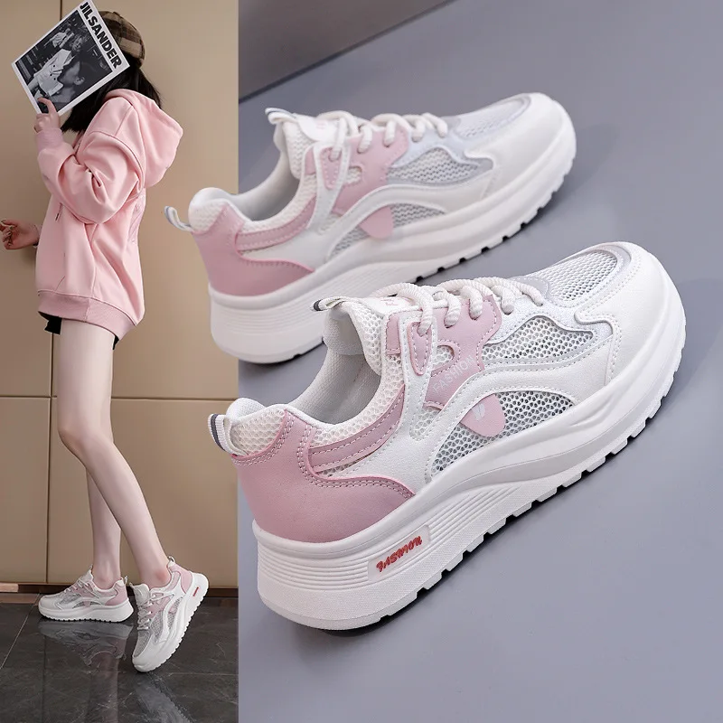 

Ladies Vulcanized Shoes Fashionable Thick Soled Mesh Breathable Casual Sports Shoes New Running Lightweight Soft Sole