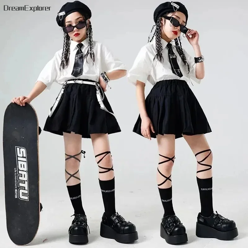 Hip Hop Girls Shirt Street Dance K-pop Plaid Tiered Skirts Kids School Uniforms Streetwear Children Jazz Costumes Clothes Sets