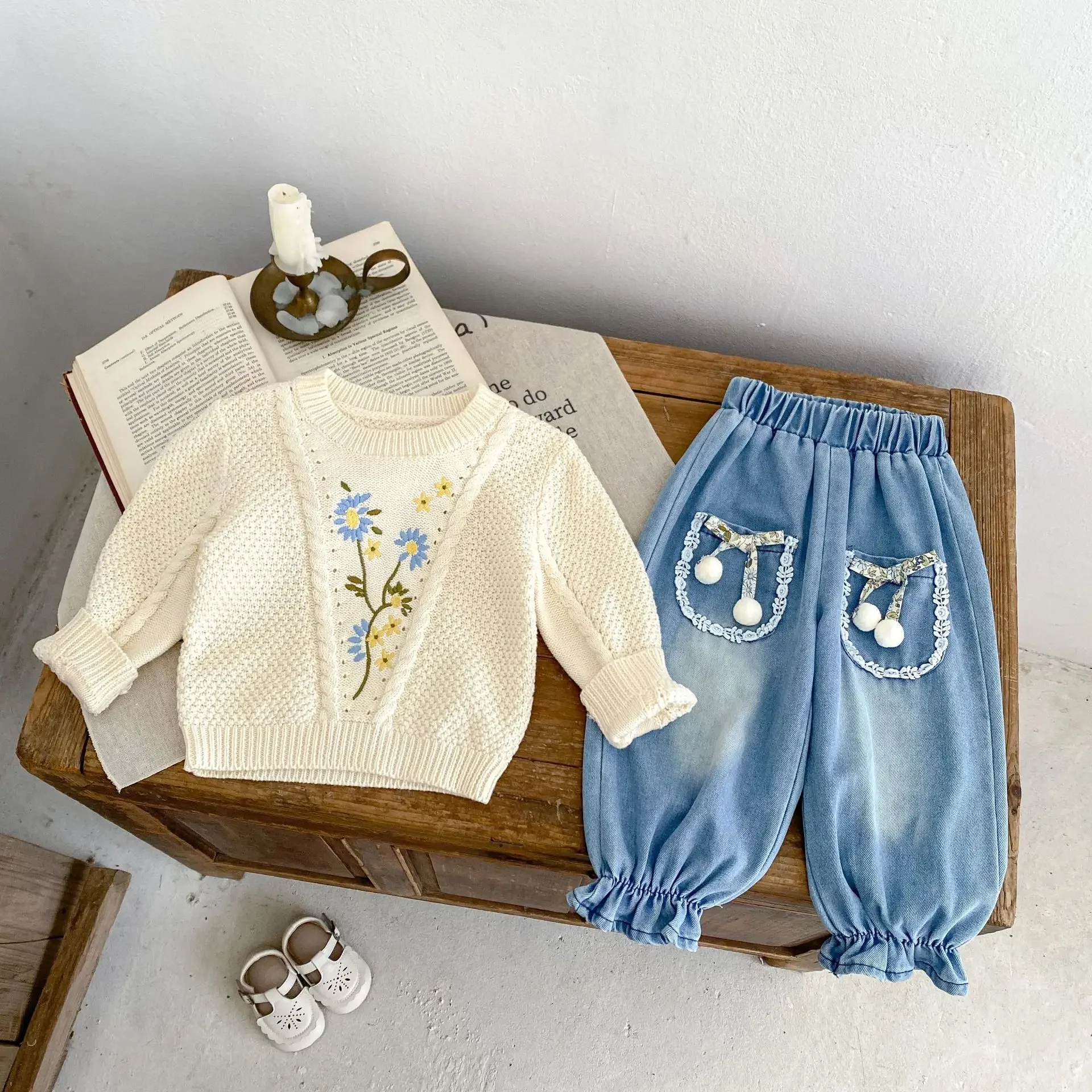 Baby Clothes Kids Cotton Sweater 2024 Autumn New Girls Long-sleeved Top Flower Embroidered Knitted Soft Comfortable Pullover