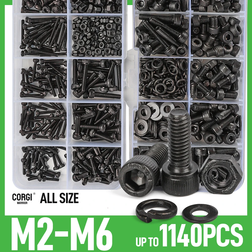 126/1140 Hex Screws Assortment Kit M2 M2.5 M3 M4 M5 M6 DIN912 12.9 Grade Hexagon Socket Head Cap Metric Allen Nuts and Bolt Set