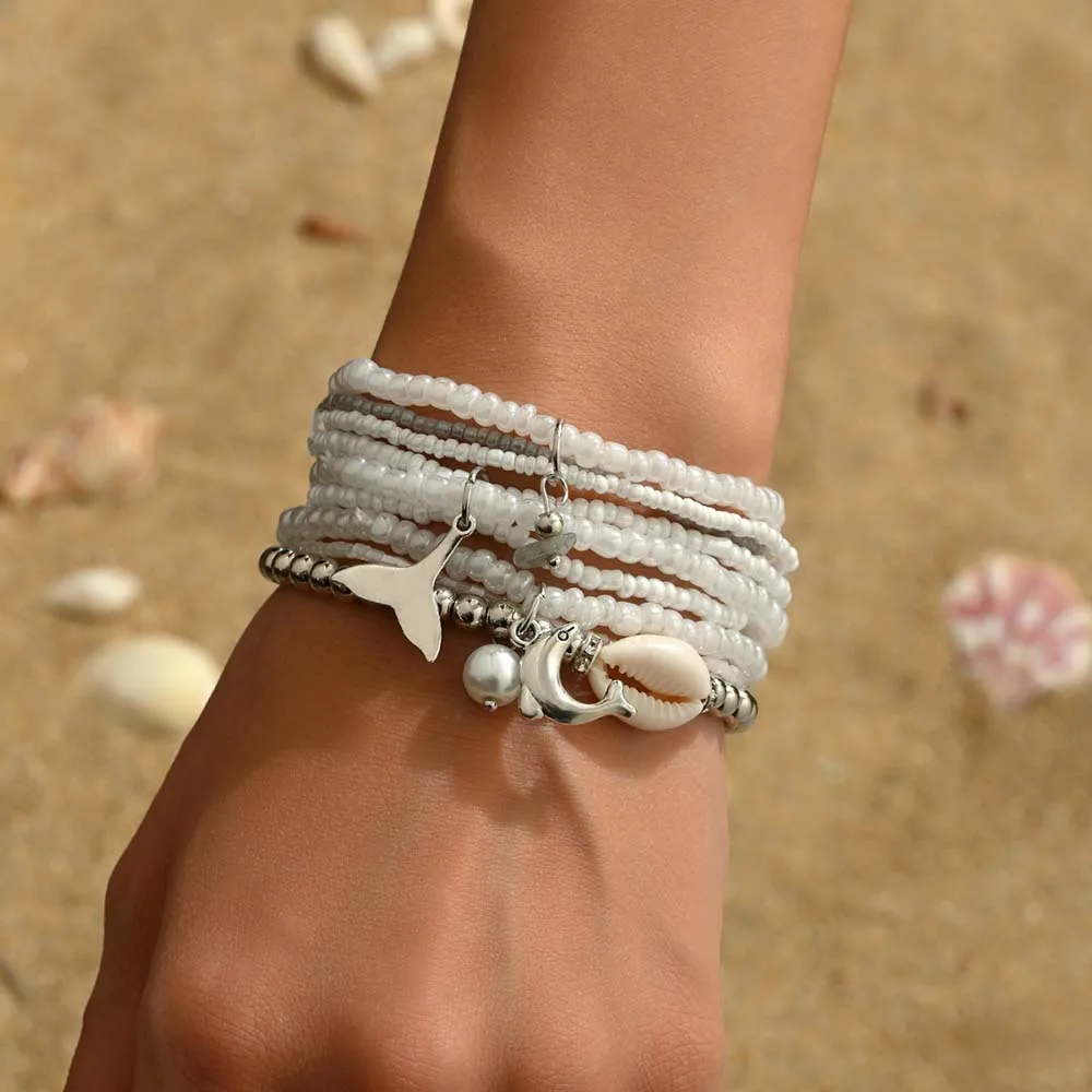 Ocean Theme Dolphin Turtle Shell Stackable Bracelet Set White Beaded Jewelry for Women Trendy Minimalist Boho Style Wrist Chains