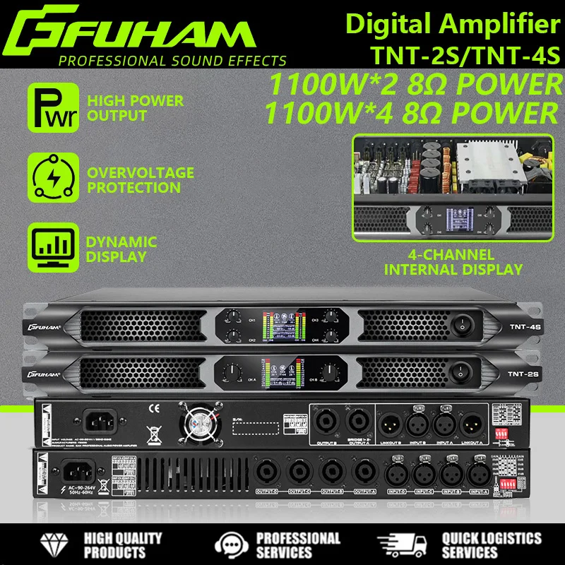 

Цифровой усилитель мощности FUHAM TNT-2S 2x2200Вт 8 Ом с LED-дисплеем, многофункциональный усилитель для DJ и сабвуферов