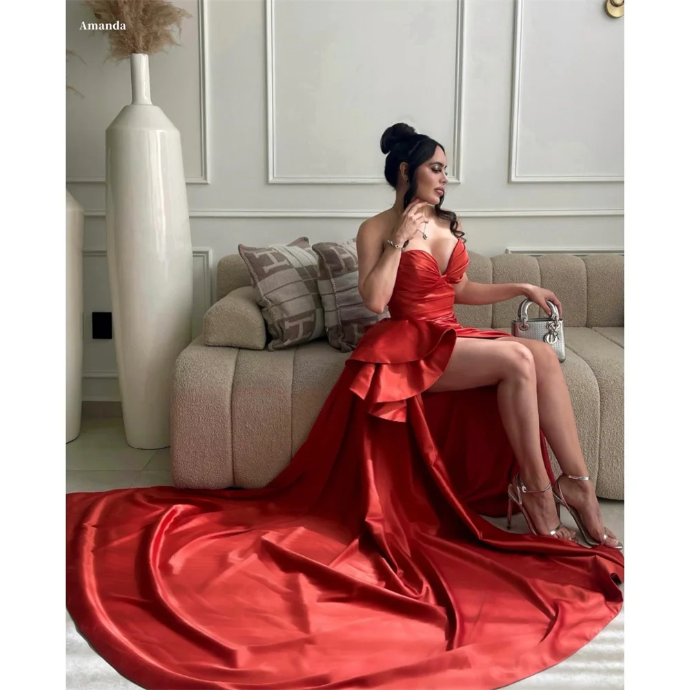 

Amanda Customized Red Long Trailing Side High Slit Pleats Prom Dresses Strapless vestidos de noche Sleeveless Formal Evening