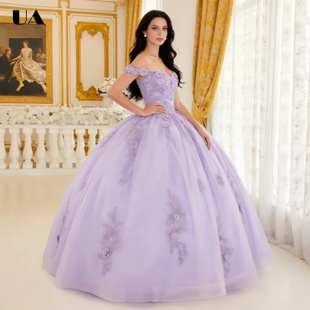 

ULBYANRY Customized Mesh A-line Off-the-shoulder Sweet 15 Dress Romantic 3D Flower Quinceanera Dress Princess Style Prom Dresso