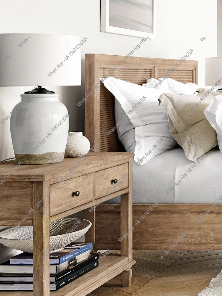 

S American Country Vintage Solid Wood Bedside Table, Log Color Antique Distressed Bedside Table, Open Drawer Side Table