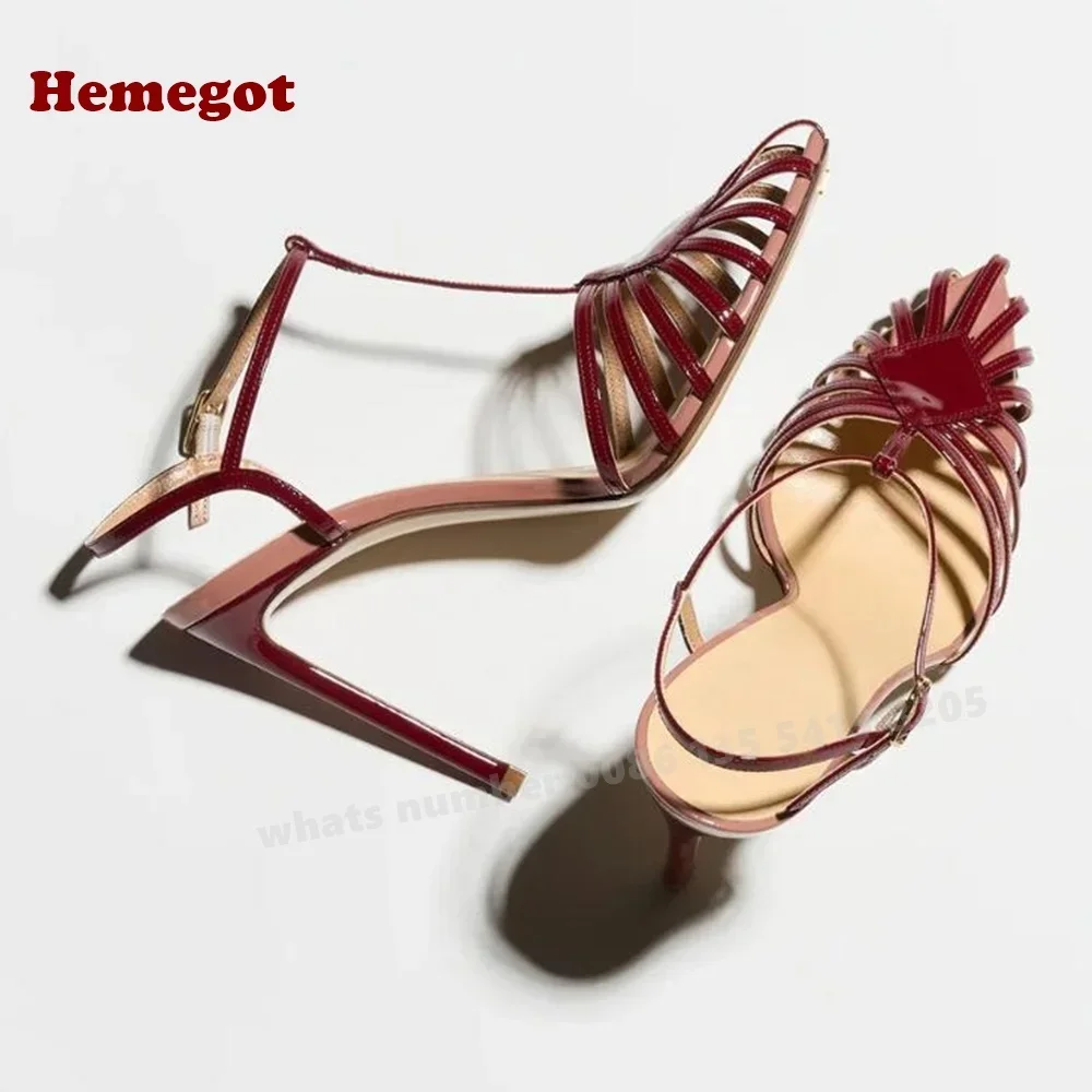 

Женские сандалии на шпильке с острым носком и пряжкой, сандалии с Т-образным ремешком и вырезами, пикантная обувь для вечеринок на тонком высоком каблуке, летняя обувь