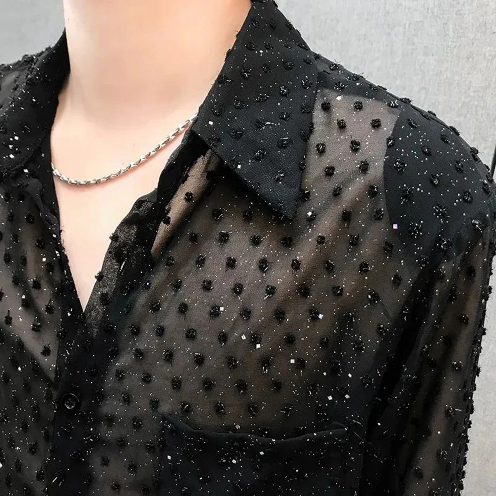 2024 Spring And Autumn New Mens Sexy Mesh See-Through Long-Sleeved Shirts Genderless Fashion Youth Nightclub Shiny Tops Unisex