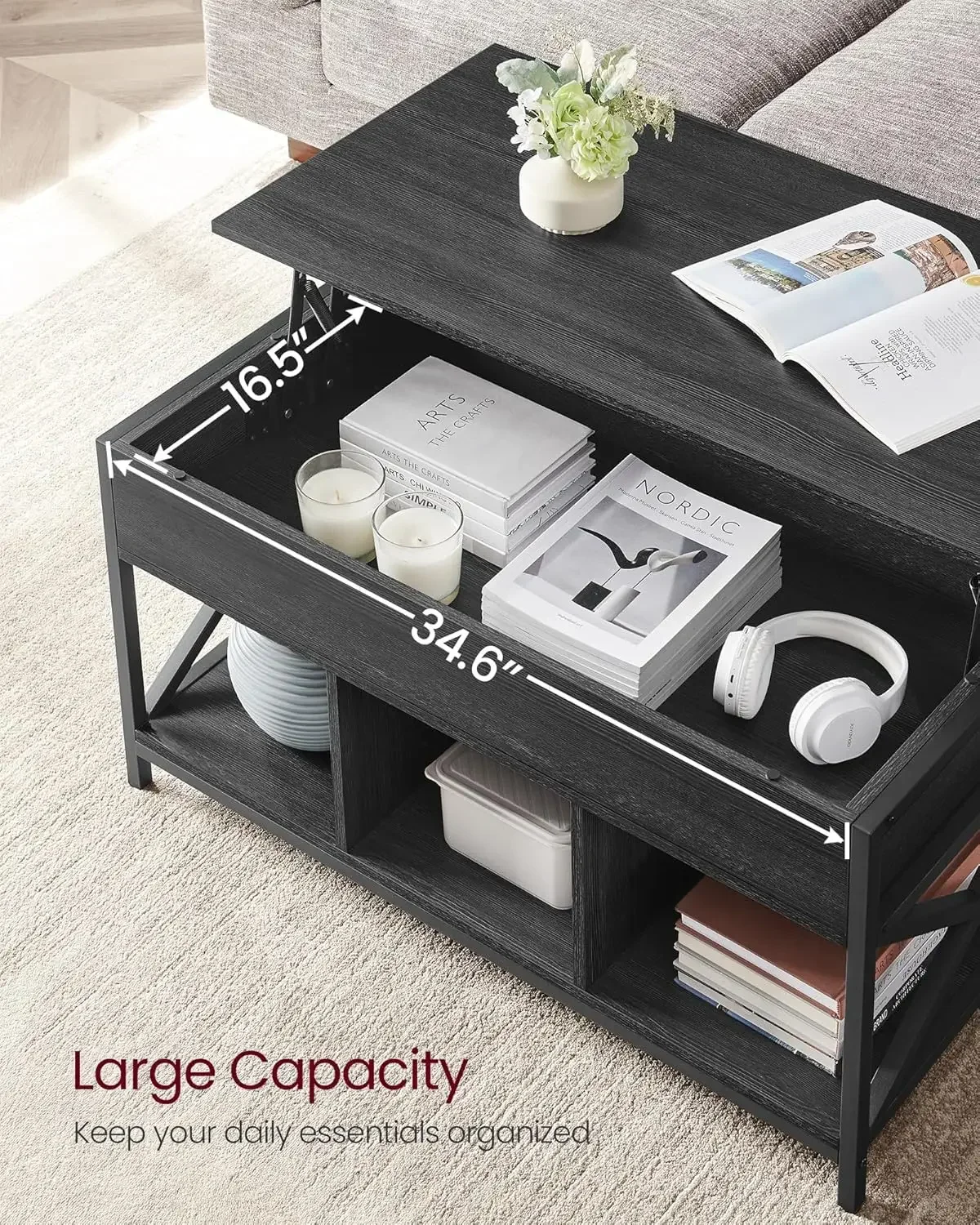 Lift Top Coffee Table, Lift Coffee Table with Storage Shelf, Hidden Compartments and Lifting Top, for Living Room