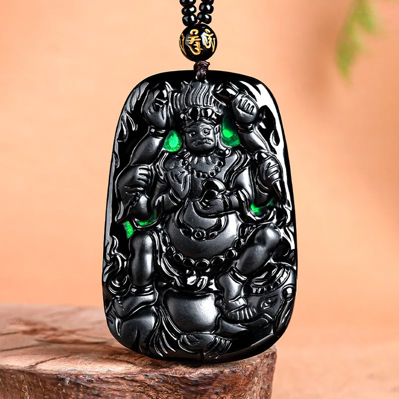 Fashionable authentic natural A-grade jade, ink jade, four arm big black sky guardian angel, ice jade pendant for men and women