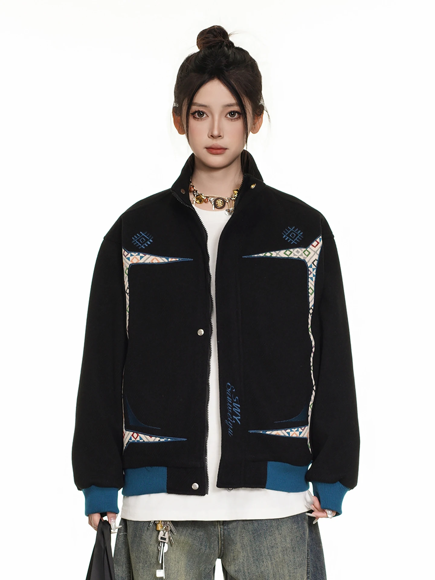 

American Retro Ethnic Embroidered Patchwork Stand Collar Men's Jaet Spring New Sle Casual Match All Leisure Coat