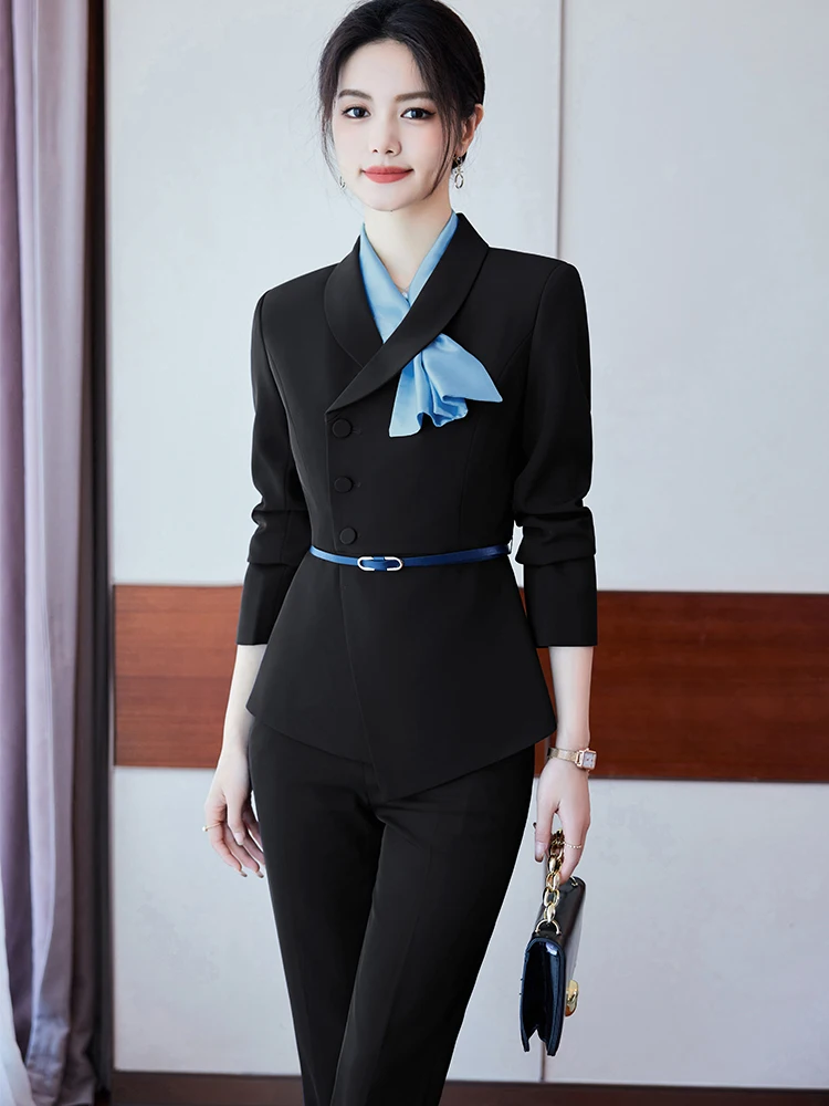 Elegant Office Ladies Pant Suit Women Black Blue Gray Female Business Work Wear Jacket Blazer and Trouser Formal 2 Piece Set