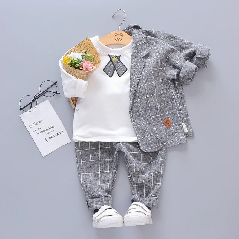 Spring Autumn Baby Boys Clothes Suit Children Casual Plaid Coat T-Shirt Pants 3Pcs/Set Toddler Gentleman Costume Kids Tracksuits