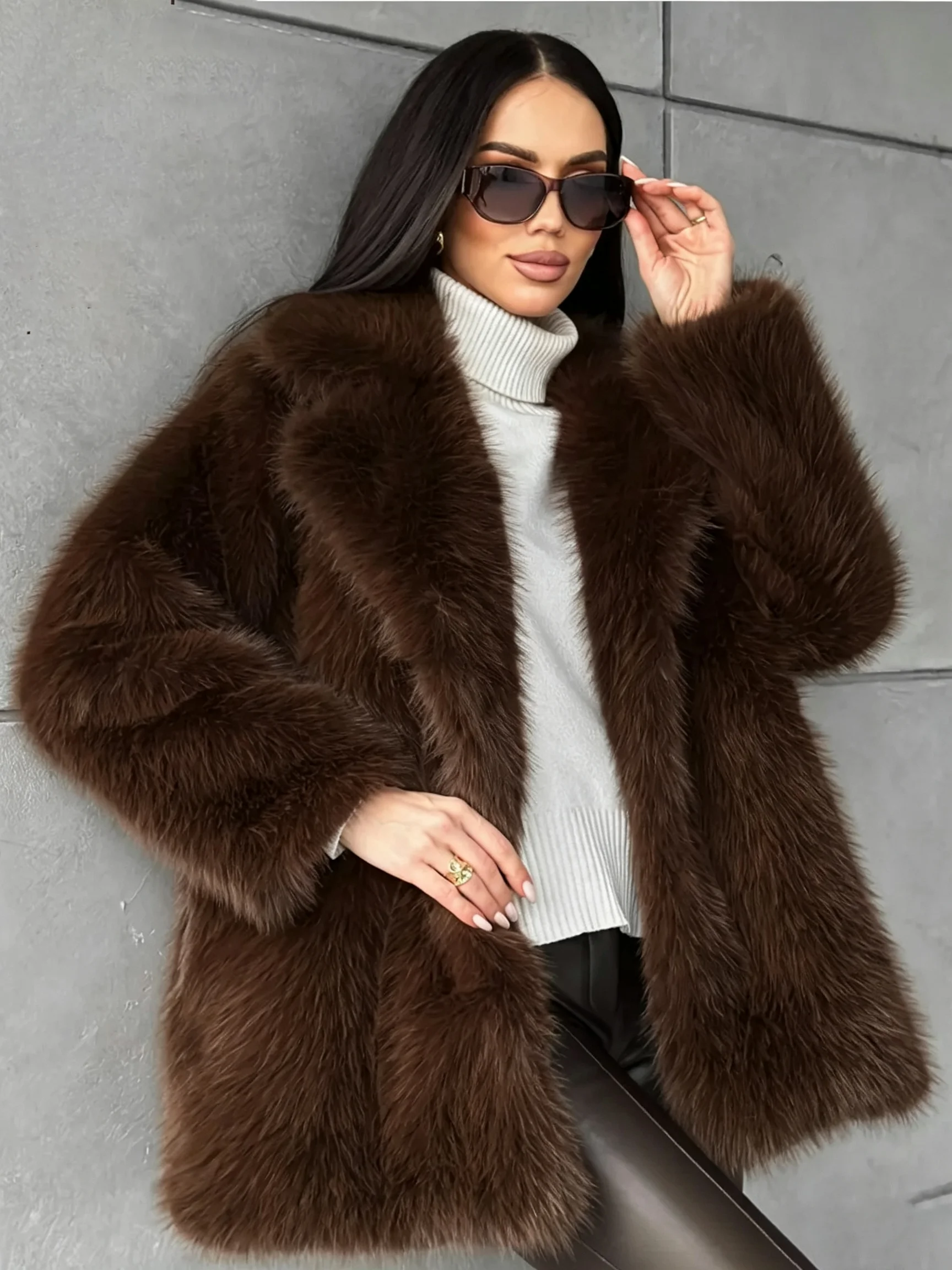 PUAL  Women Brown Furry Coat Big Lapel Long Sleeve Warm Winter Plush Outerwear Street Jacket