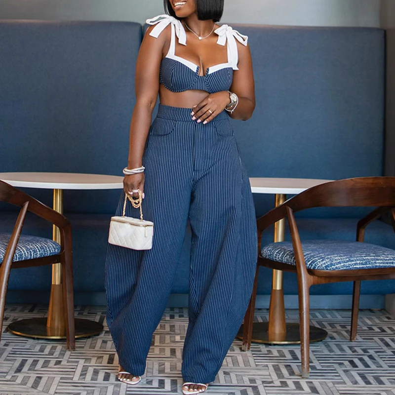 Chic Contrast Color Splice Tie Up Backless Outfit Sexy Straps Off Shoulder Club Suit Women Casual High Waisted Top+Pants 2pc Set view 2