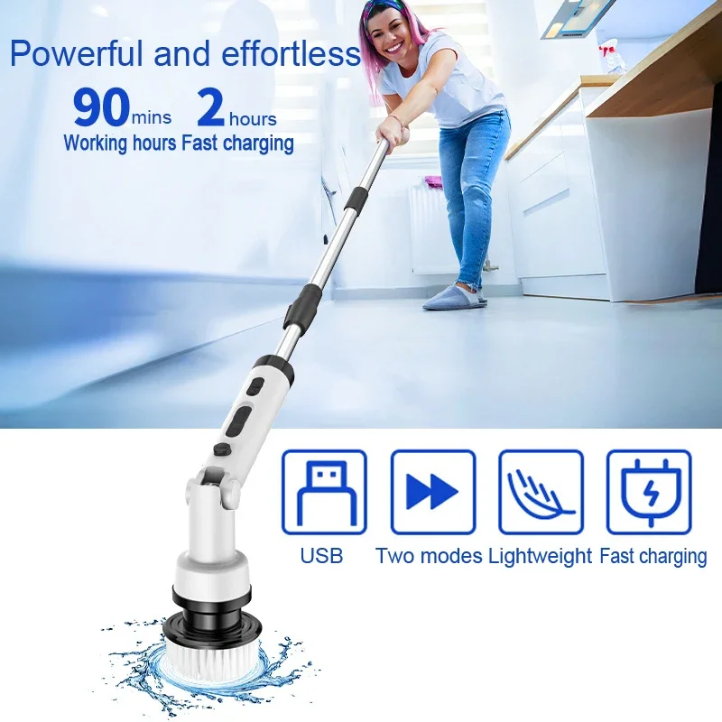 Electric Spin Scrubber Cordless Cleaning Brush with 9 Replaceable Brush Heads Adjustable Handle for Bathroom Floor Tile Kitchen