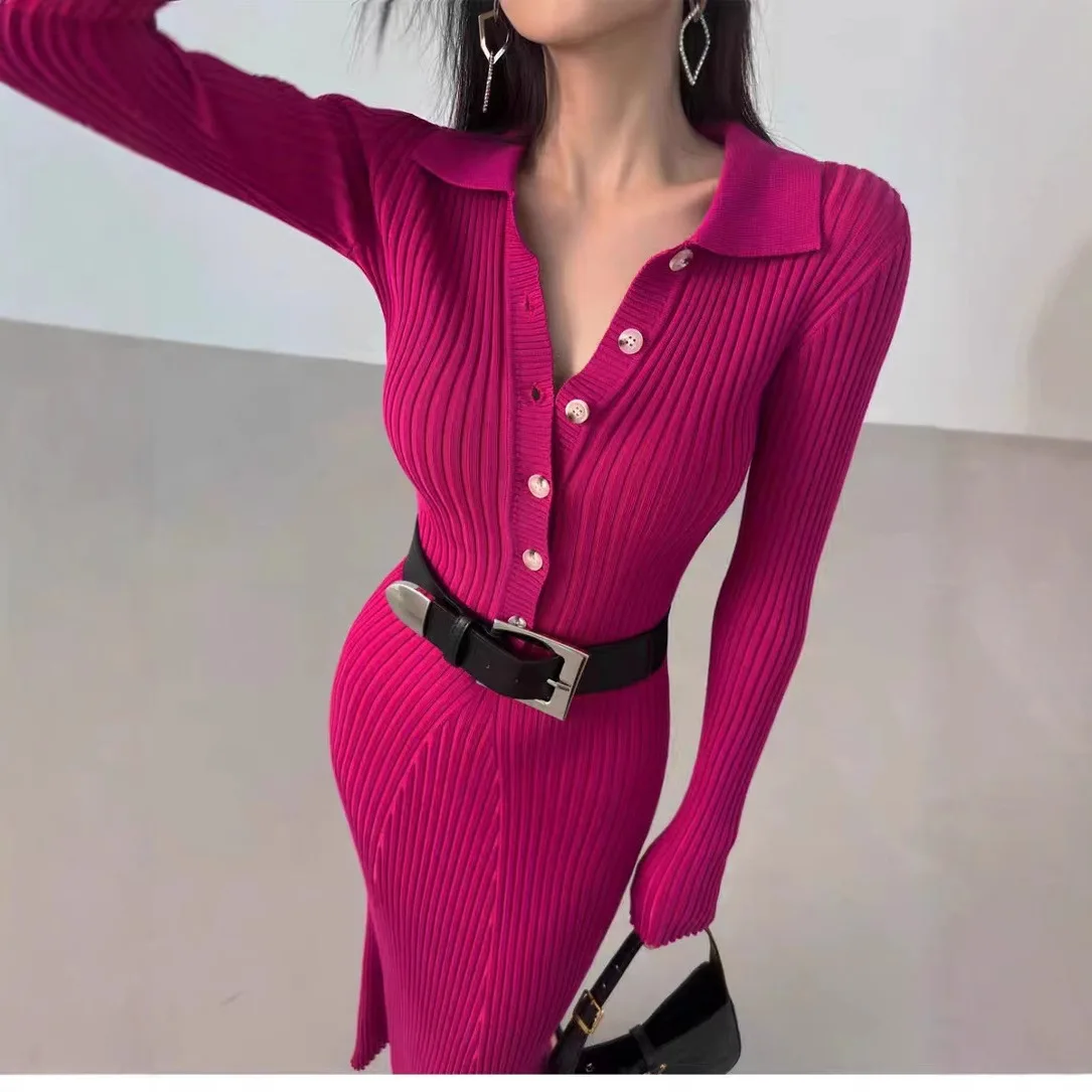 

Autumn Winter Slim Fit Look Flip Collar Long Sleeve Knitted Butt Wrapping Fish Tail Dress Long Skirt for Women