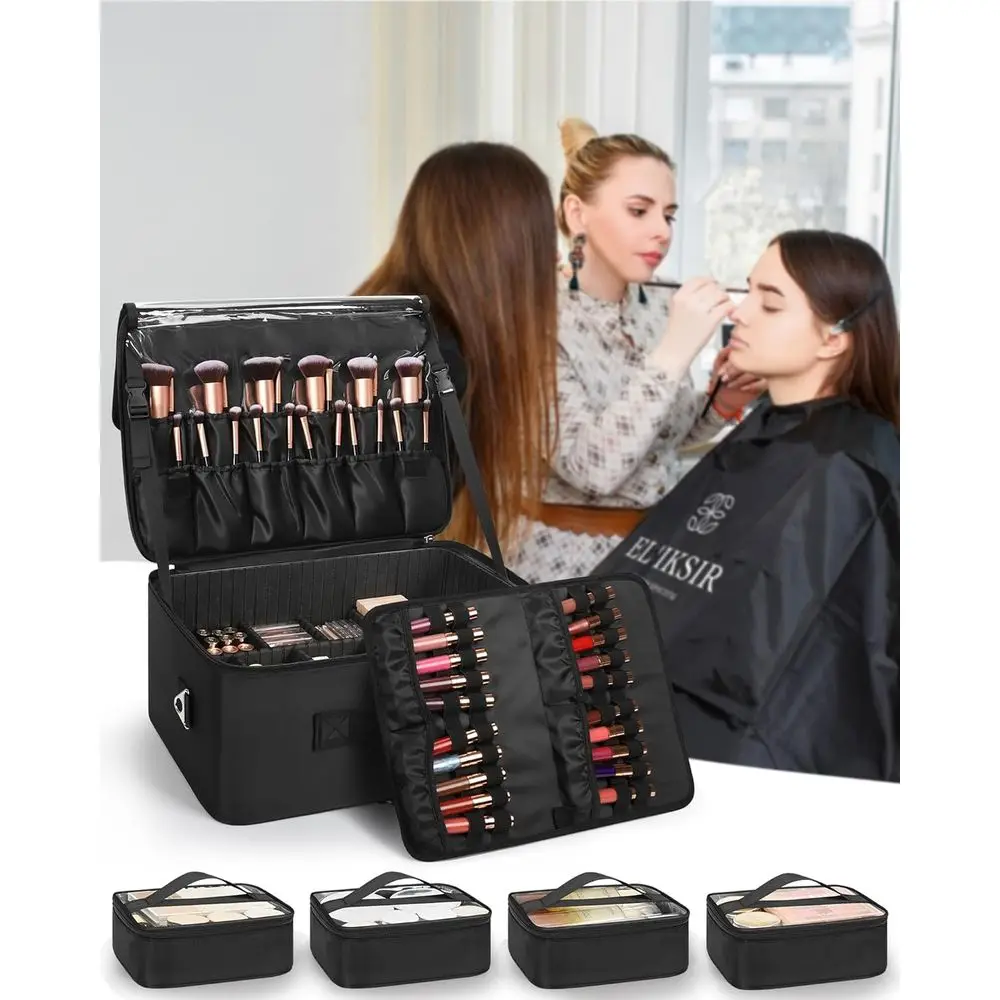 전문가용 메이크업 케이스 (조절 가능한 칸막이, 투명 가방, 립스틱 홀더, 어깨끈 포함)