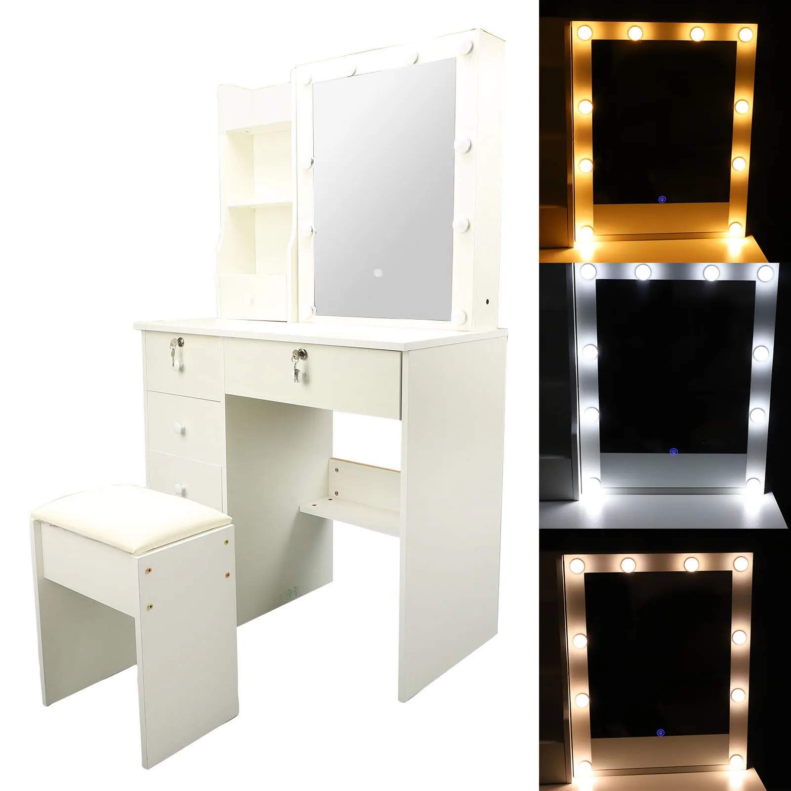 

Vanity Desk Modern Lighting Mirror Cream US Plug 100 To 240V MDF Board Dressing Table Stable Structure with Drawers for Bedroom
