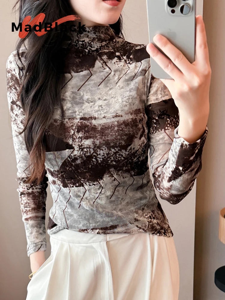 

MadBlack-Женская футболка с флокированием в европейском стиле, сексуальный принт с воротником-стойкой, уличная тонкая сетчатая футболка с длинными рукавами S-3XL, осень 2023, T5O324CC