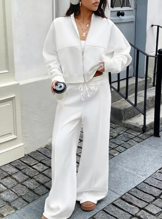 

Autumn New Casual Sports Style Women's 2-Piece Set Solid Color Stand Up Collar Zipper Front Jacket Loose Wide Leg Pants Set