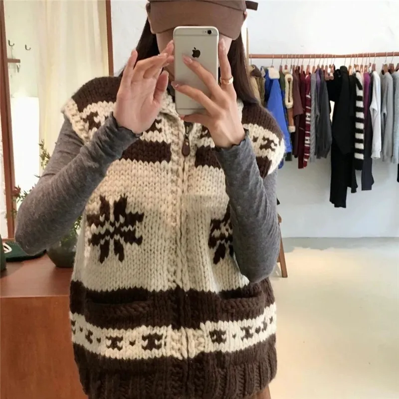 2025年秋新作 襟付きセーターベスト レディース 韓国ファッション ジッパー ジャカード ノースリーブ ニットジャケット レディースカーディガン