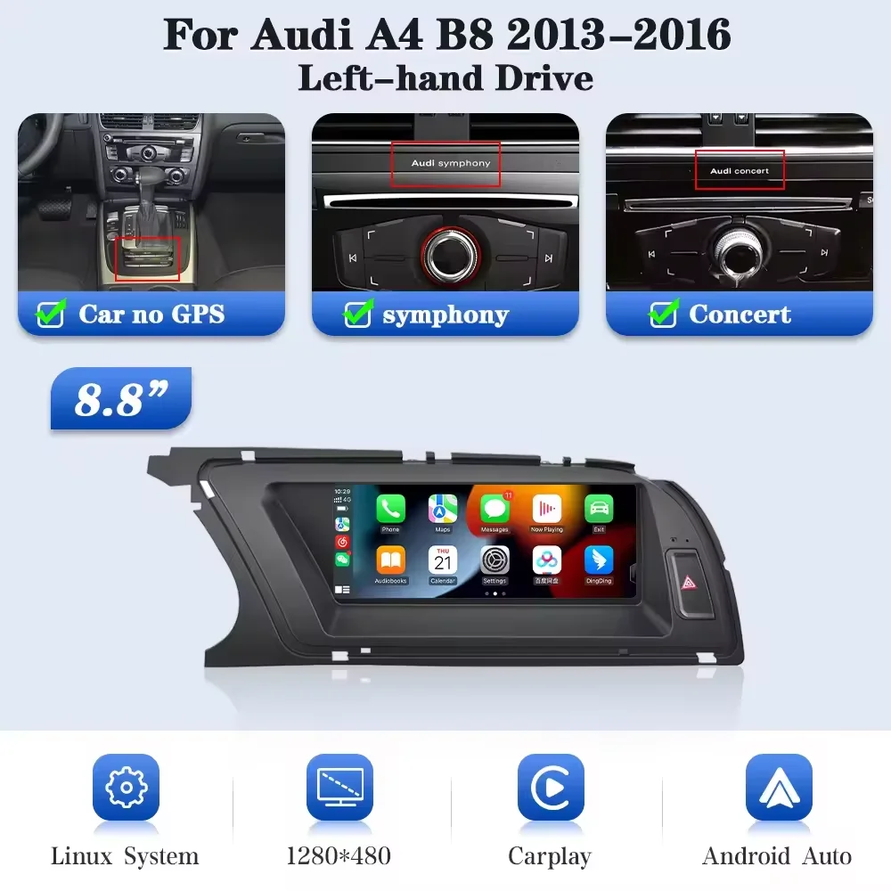 8,8 inch draadloze CarPlay Android Auto Linux autoradio voor Audi A4 A4L B8 2013 2014 2015 2016 touchscreen BT multimediasysteem