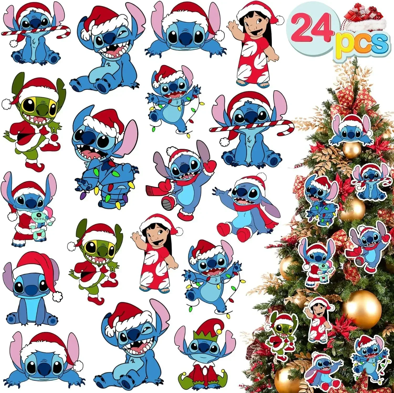 

24pcs Lilo & Stitch Christmas Tree Decoration Anime Cartoon Wooden Single-sided Stitch Print Christmas Party Hanging Ornaments