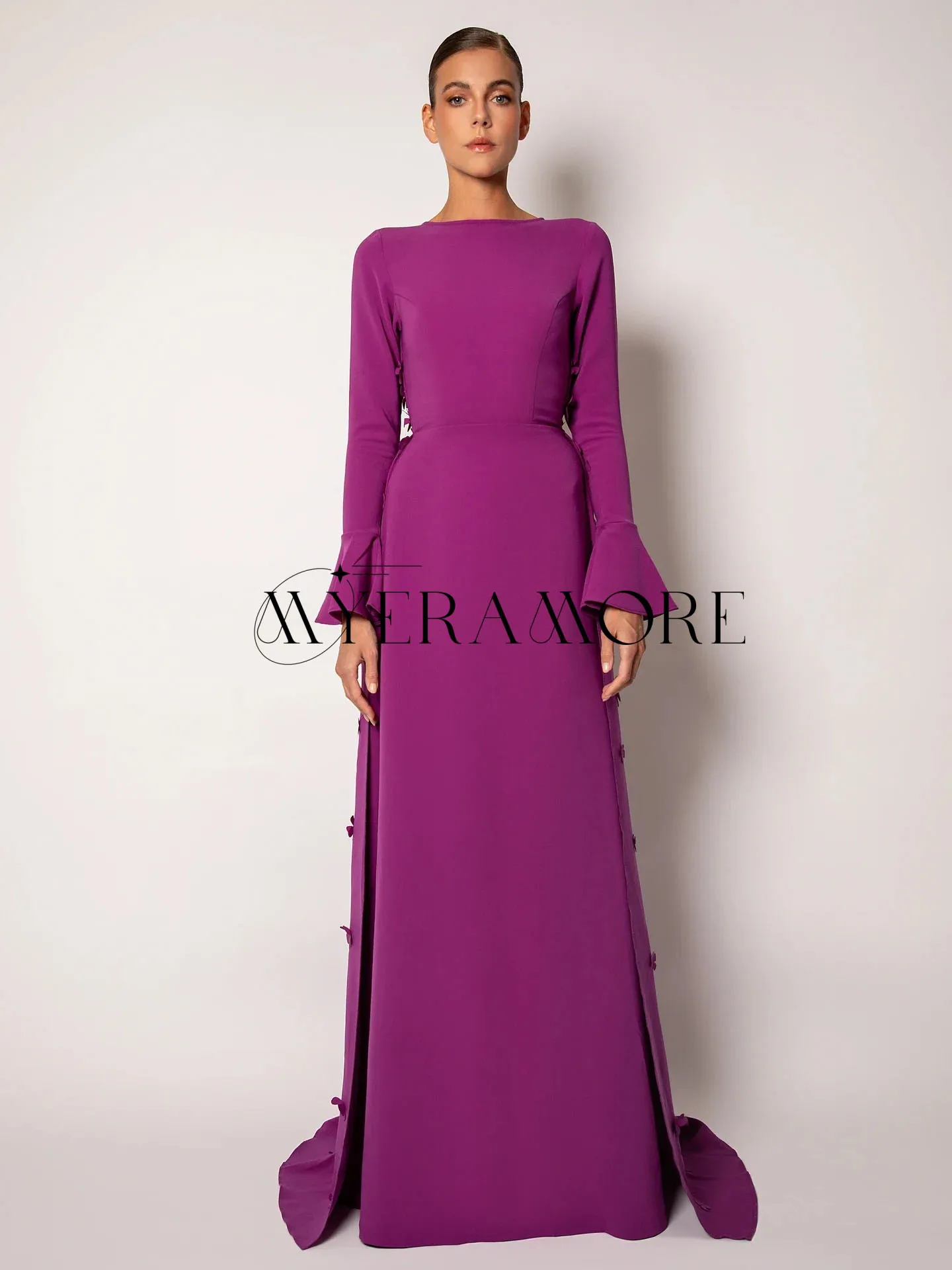 

Elegant Purple O-Neck Evening Dresses Long Sleeves Flowers Backless Court Train Prom Dresses Customized فساتين سهرة