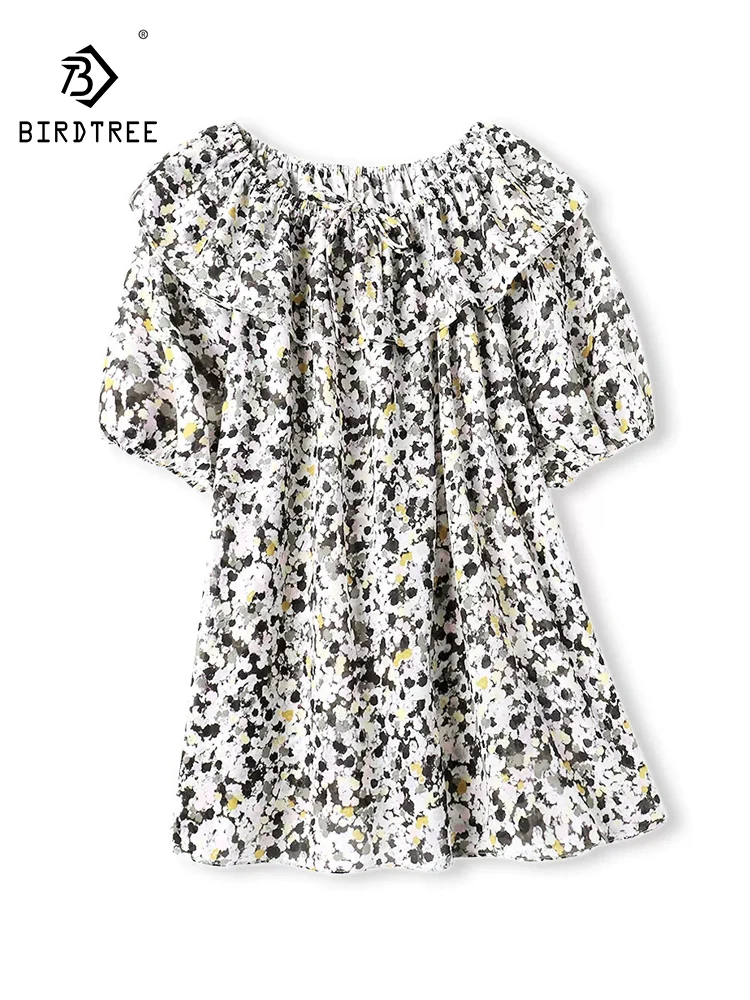 BirdTree-Silk Double Crepe Elegant T-Shirt, Slash Neck Floral Print, Women Age Reduction Cool Loose Top, 2026 Summer T64131CC