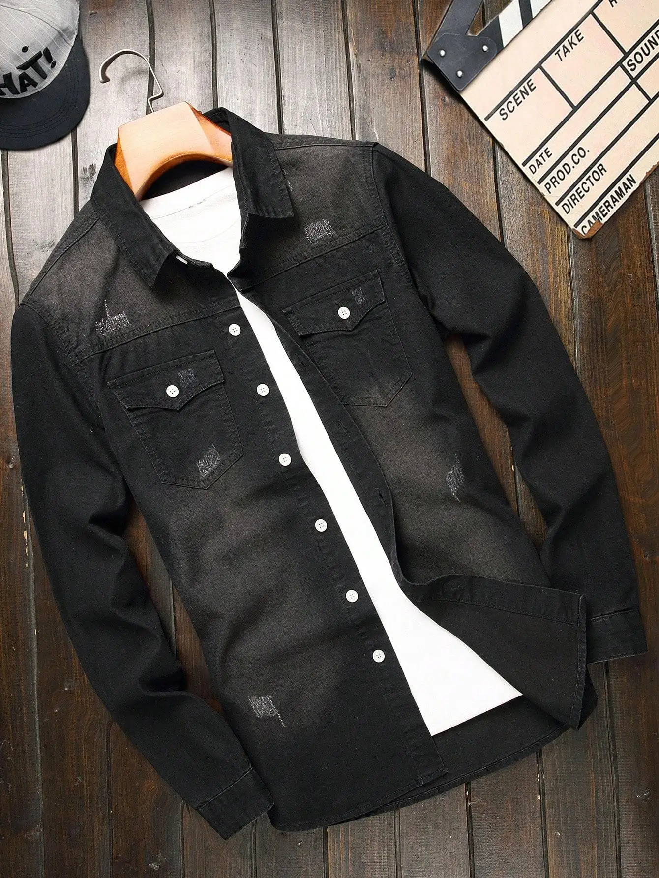 

Men's spring-summer long-sleeved denim shirt. Black solid color with lapel design. Street casual trend.
