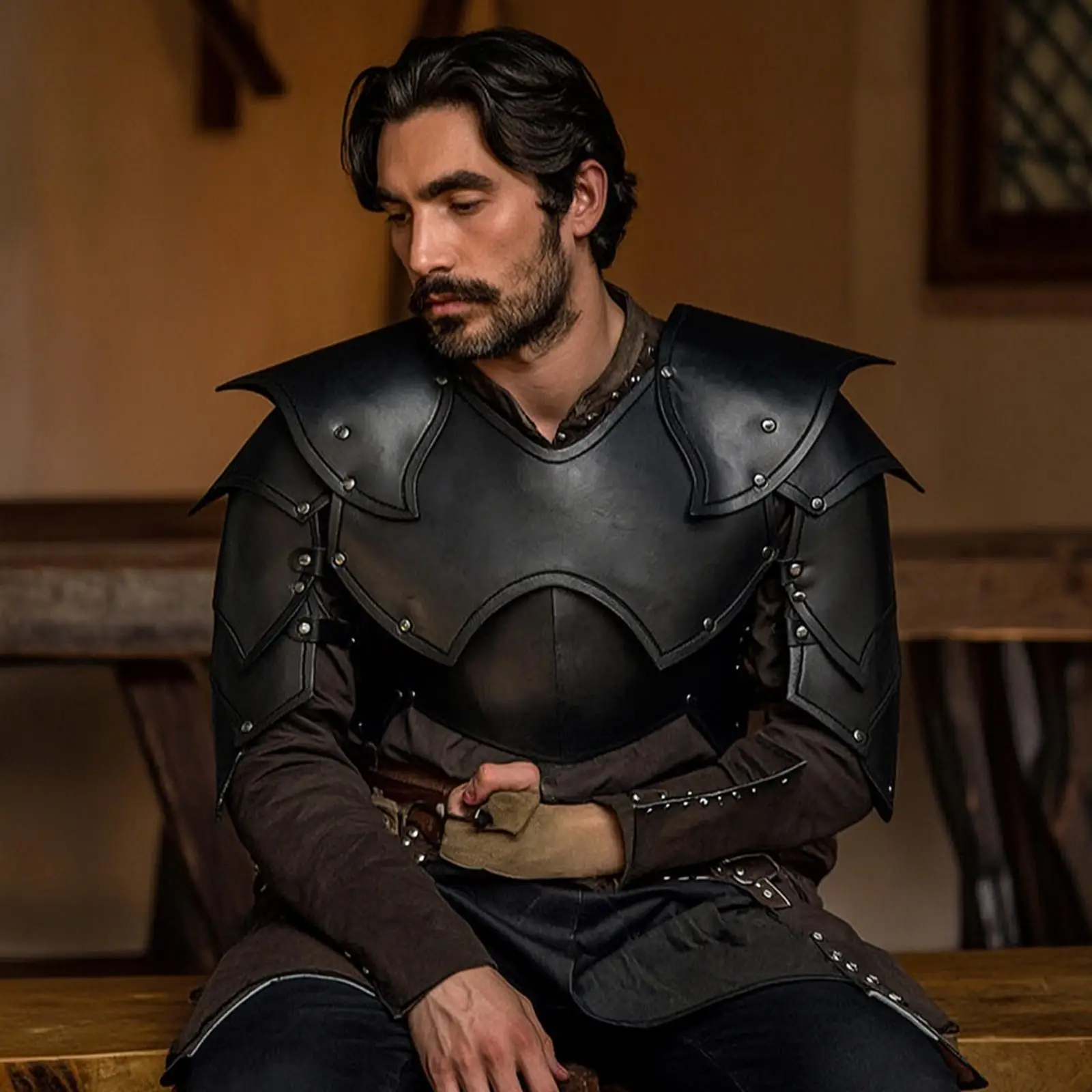 Medieval Armor Costume Contoured PU Chest Plate with Straps Medieval Shoulder Pads Armor for Events