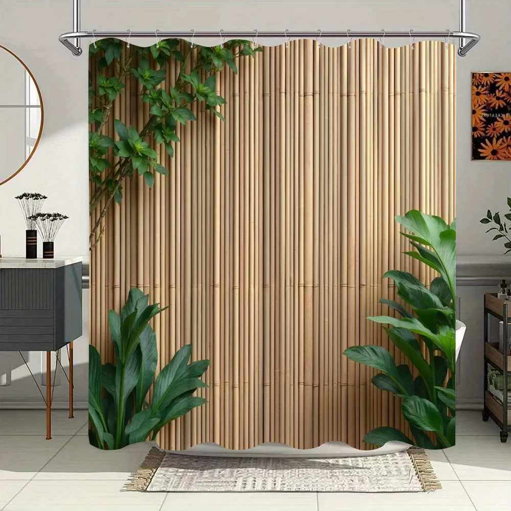 

Tropical Garden Shower Curtain - Bamboo Fence, Lush Green Foliage, Polyester, Serene Bathroom Decor, Natural Ambiance