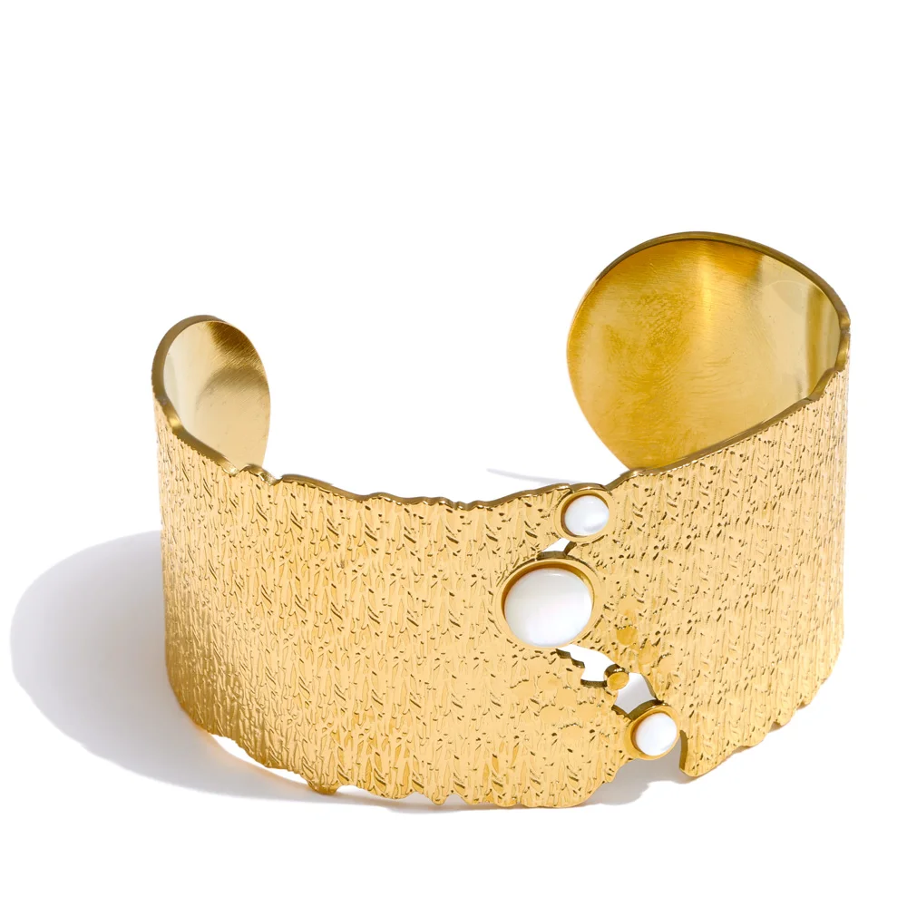 Yhpup 65mm personnalisé en acier inoxydable large coquille manchette Bracelet 18K plaqué or Texture bijoux attrayants