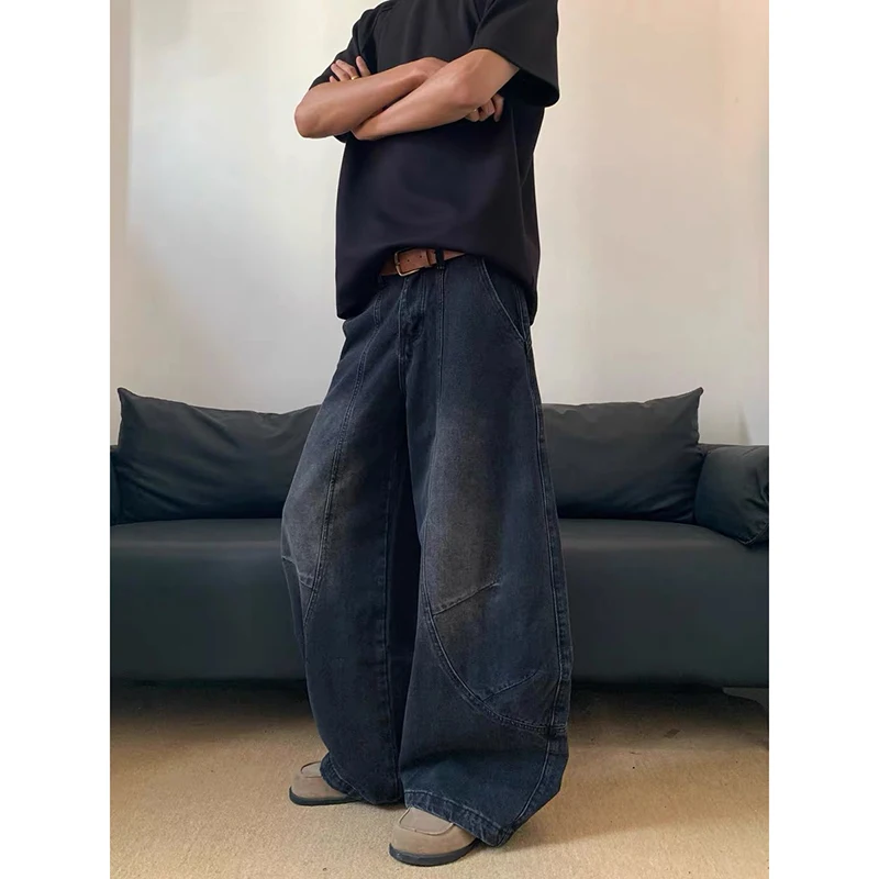 جينز عتيق للشارع 2000s جديد Y2K Harajuku أزرق مغسول ملابس الشارع الشهير جينز فضفاض من قماش الدنيم سروال رجالي عالي الخصر واسع للخريف