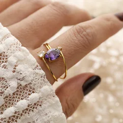 Elegant Jewelry 18K Gold Plated Stainless Steel Adjustable Stack Designed Cubic Zirconia Amethyst Purple Ring for Women