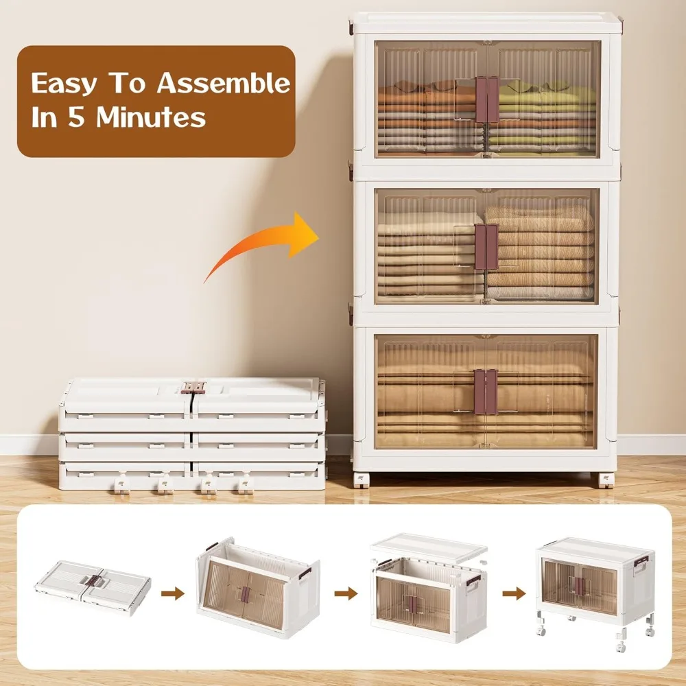 صناديق تخزين بلاستيكية كبيرة قابلة للتكديس مكونة من 3 طبقات مع أغطية وعجلات وأبواب، مثالية لتخزين الملابس