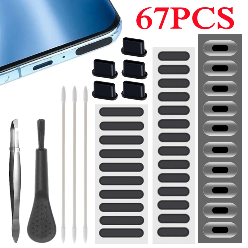 67Pcs Mobiele Telefoon Speaker Dust Mesh Sticker Voor Iphone Samsung Xiaomi Dust Plug Charge Port Reinigingsborstel Kit Universele 2023